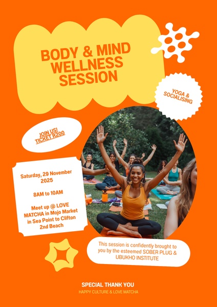 A 3:4 aspect ratio flyer-style ad promoting a community yoga and social session, utilizing high-contrast orange and yellow to grab attention.